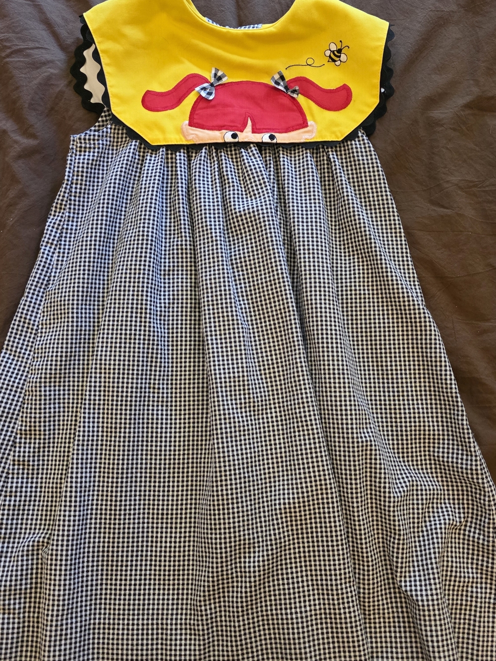 Girls Yellow & Black Gingham Casual Dress with Appliqué